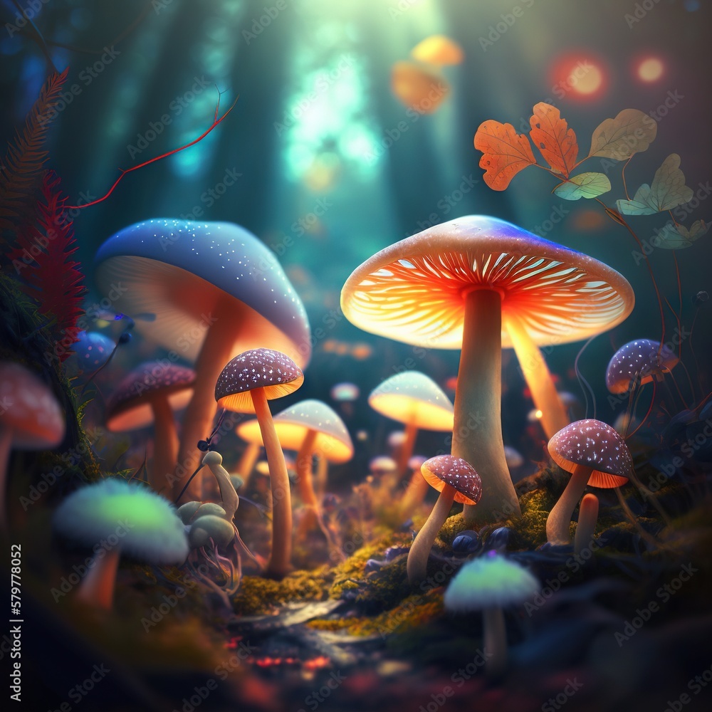 Poster a group of mushrooms that are in the grass and some grass on the ground and some butterflies flying 