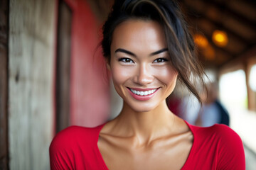 Fototapeta premium young adult woman multiracial multiethnic wears red shirt, slender body smiling face. Generative AI