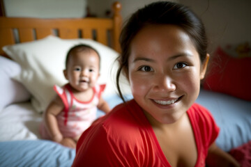 young adult woman is mother of little baby lying in cot, smiling and proud. Generative AI