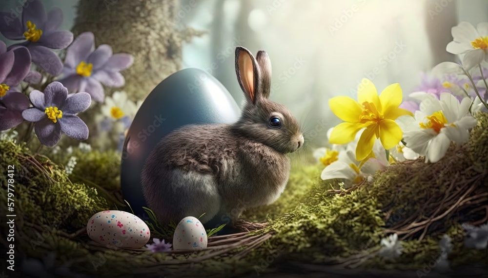 Poster a rabbit sitting in the grass next to a blue egg with flowers around it and a forest background with
