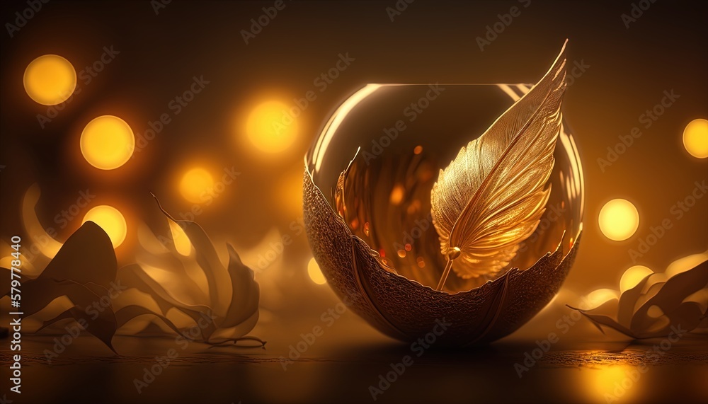 Poster a golden egg shell with a golden feather in it on a dark background with boke of lights around it an