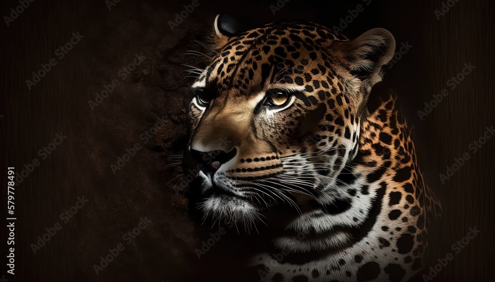 Poster a close up of a leopard's face with a dark background and a spot light in the middle of the image to
