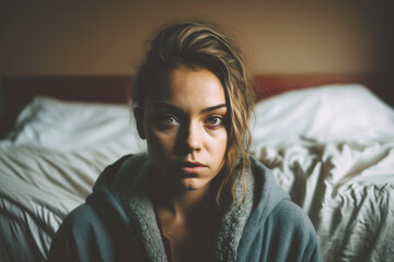 young woman in bed by day , sad disappointed or dramatic happening. Generative AI - obrazy, fototapety, plakaty