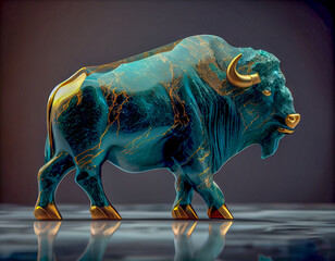 Bull bison wild animal statue in marble with the crystal design, generative ai