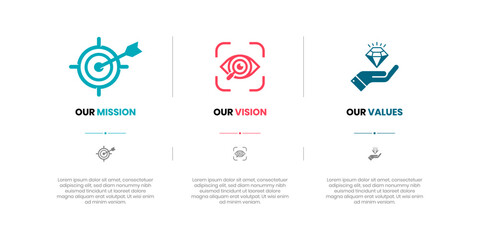 Mission, Vision and Values of company with text. Company infographic Banner template. Modern flat icon design. Abstract icon. Purpose business concept. Mission symbol illustration. Abstract eye. Busin