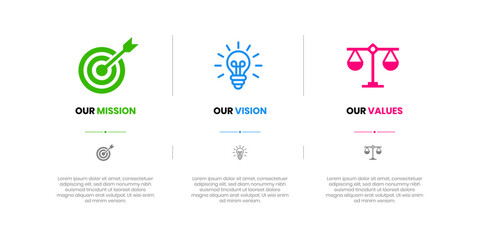 Mission, Vision and Values of company with text. Company infographic Banner template. Modern flat icon design. Abstract icon. Purpose business concept. Mission symbol illustration. Abstract eye. Busin