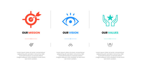 Mission, Vision and Values of company with text. Company infographic Banner template. Modern flat icon design. Abstract icon. Purpose business concept. Mission symbol illustration. Abstract eye. Busin