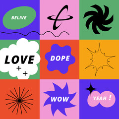 Fototapeta na wymiar Vector set labels or stickers with positive motivational quotes. Y2k style shapes for social media.
