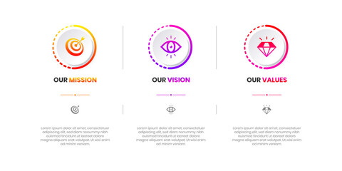 Mission, Vision and Values of company with text. Company infographic Banner template. Modern flat icon design. Abstract icon. Purpose business concept. Mission symbol illustration. Abstract eye. Busin