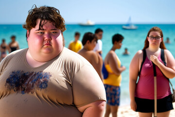 shy or introverted or sad overweight young adult man or teenager boy, on the beach with other tourists. Generative AI - obrazy, fototapety, plakaty