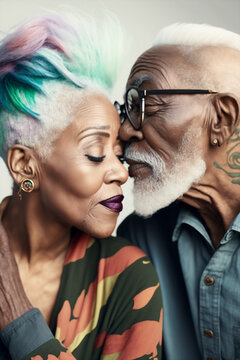 Generative ai portrait of romantic cute senior modern colorful hair rock black couple