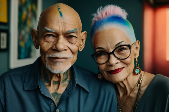 Generative ai portrait of senior modern colorful hair rock mixed race couple