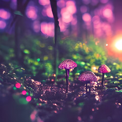 neon pink mushrooms in the forest. Generative AI