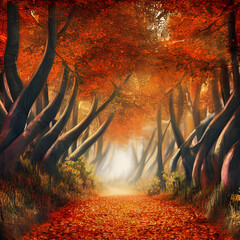 twisted tree trunks in autumn dark forest. Generative AI