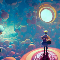 cartoon person from behind looking at the sun in a mysterious world full of balloons. Generative AI
