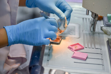 A pathologist is preparing a pathological biopsy for laboratory diagnosis of pathology.