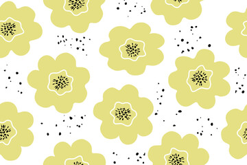 yellow flowers seamless pattern. Floral background in flat style for printing on fabric, wallpaper, paper, curtains, tablecloth. Vector illustration
