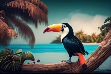 Fototapeta premium Close up on an orange and yellow bill toucan bird, perched on a tropic tree branch. Generative Ai