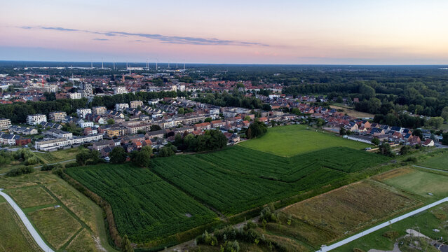 Aerial view with drone of the beautiful city Turnhout in Belgium, Europe, as seen from the outside rural area. High quality photo. High quality photo