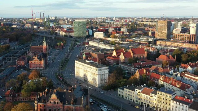 Aerial view of the Main Town of Gdansk with city hall at autumn, Poland
