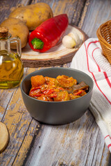 Traditional Greek tourlou or briam made of vegetables, potatoes aubergines, peppers, tomatoes