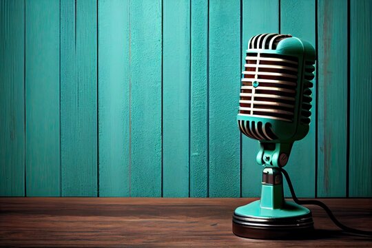 Retro microphone on wooden table with turquoise wall background. Old metal microphone on wooden table on light blue background. Generative Ai