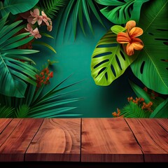 wooden table background for Empty show for packaging product presentation. Background for cosmetic products, the scene with green leaves. Generative Ai.