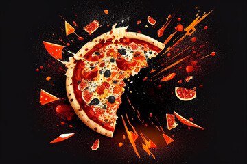 Pizza Pattern for pizzeria menu. Pieces of Italian pizza scatter to sides. Juicy cheese stretches from slice. Pizza and Splashes of cheese and red pepper. Logo for Pizza. Soft focus. Ai Generated