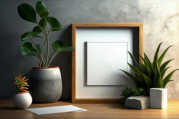 Blank square frame mockup for artwork or print on gray wall with green plants in vase, copy space.