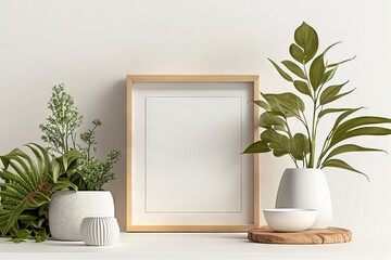 Blank square frame mockup for artwork or print on white or gray wall with green plants in vase, copy space.