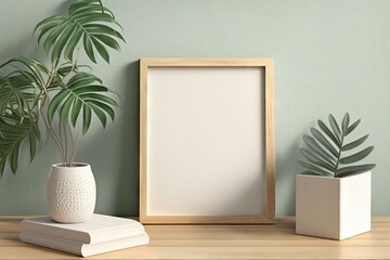 White wooden frame on pastel background decorated with green plants, copy space. Mock up.