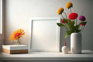 Blank square frame mockup for artwork or print on white or gray wall with colorful flowers in vase, copy space.