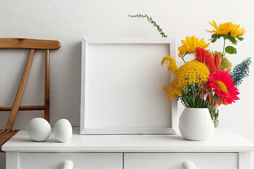 Blank square frame mockup for artwork or print on white wall with colorful flowers in vase, copy space.