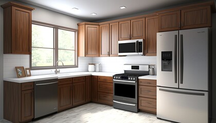 Contemporary Kitchen Interior with Stove, Refrigerator, Sink, Microwave, and Cabinetry with a Window. Generative AI