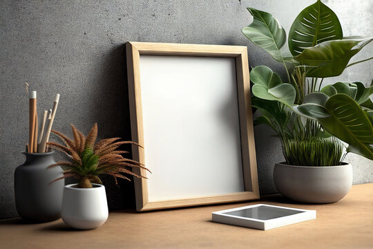 Blank square frame mockup for artwork or print on gray wall with eucalyptus green plants in vase, copy space.	
