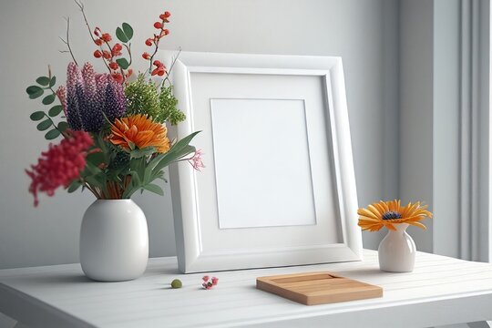 Blank square frame mockup for artwork or print on white or gray wall with flowers in a vase , copy space.