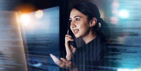 Phone call communication, overlay and night woman proposal, plan or feedback idea on chat with investment contact. Future networking, telephone conversation and agent talking, speaking or consulting