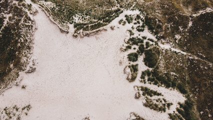 Picturesque hills. Hardy plants grow on sand dunes. Hilly terrain, top view. Sand dunes in the...