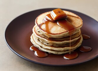 Pile of banana pancakes with caramel. Generative AI