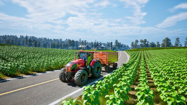 Tractor working in agricultural plots. 3d render