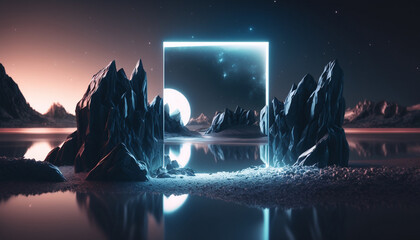 Mesmerizing 3D rendering of neon background with extraterrestrial landscape. Generative AI.