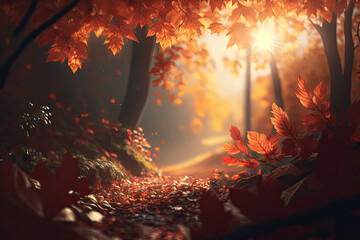 AI Bosque Primaveral con Árboles Rojos - obrazy, fototapety, plakaty