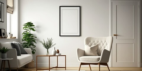 Mockup frame in modern living room with armchair and table. Created with generative Ai technology