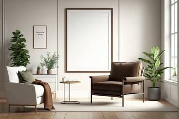 Mockup frame in modern living room with armchair and table. Created with generative Ai technology