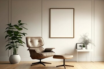 Mockup frame in modern living room with armchair and table. Created with generative Ai technology