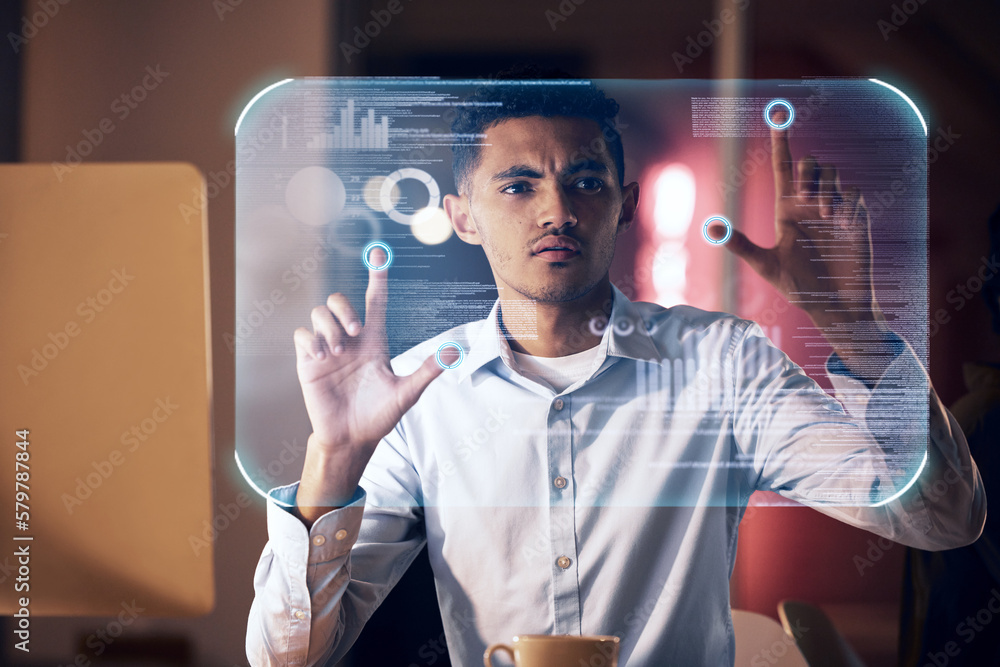 Poster Futuristic, business and touch screen hud, man with future technology and digital overlay data in virtual reality. Hands on biometric cyber system hologram, innovation and ux design user in vr office