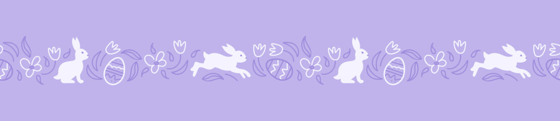 Fototapeta na wymiar Charming rabbits are jumping in the spring meadow. happy easter. Seamless monochrome purple border. Chocolate eggs eggs, daisies and tulips. Doodle style. For wallpaper, printing on fabric, wrapping.