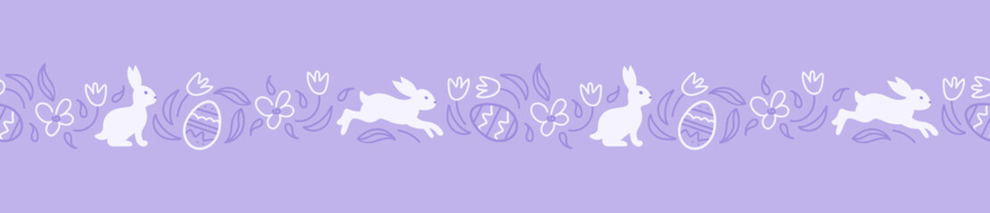 Charming rabbits are jumping in the spring meadow. happy easter. Seamless monochrome purple border. Chocolate eggs eggs, daisies and tulips. Doodle style. For wallpaper, printing on fabric, wrapping.