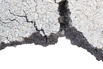 Part of asphalt cracks on the road isolated on white background.