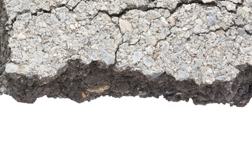 Part of asphalt cracks on the road isolated on white background.